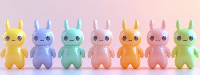 Obraz premium Charming kawaii-style pastel alien characters lined up in soft lighting. Generative AI