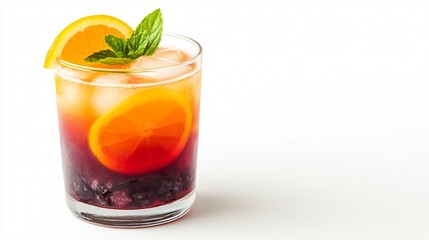 Refreshing layered cocktail with orange blackberry and mint garnish in a rocks glass