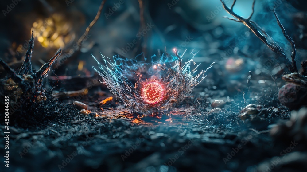 Poster mysterious energy burst in dark terrain fantasy realm digital art surreal environment close-up persp