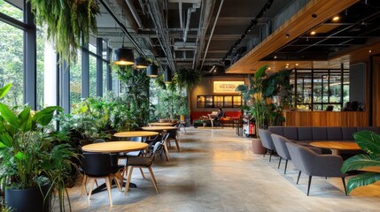 Urban Oasis: Modern Cafe with Lush Greenery
