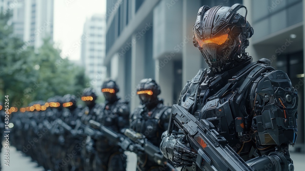 Aufkleber Futuristic robotic soldiers displaying tactical precision in urban setting high-tech environment cinematic viewpoint
