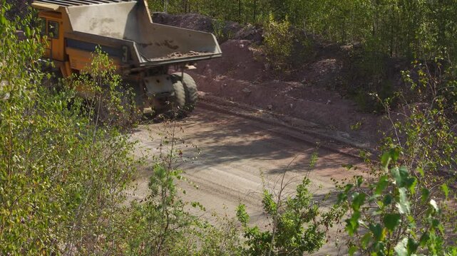 Big orange quarry truck drives on dirt road with empty body with green plants in foreground
