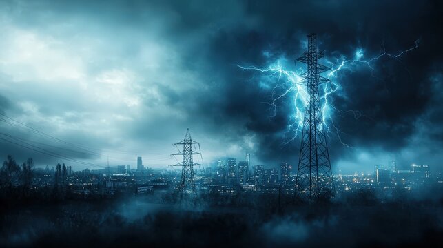 Electric storm unleashes fury over cityscape urban environment digital art dramatic viewpoint nature's power
