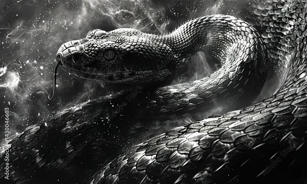 Poster a detailed black and white image of a coiled snake with a textured scale pattern against a smoky bac