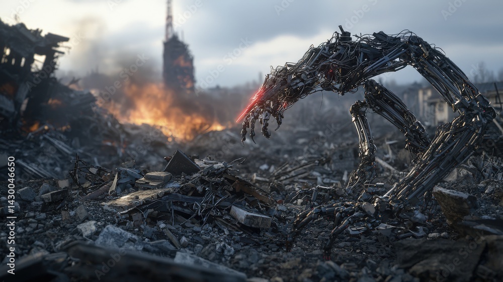 Poster destruction unleashed robotic behemoth in a ruined cityscape sci-fi art post-apocalyptic environment