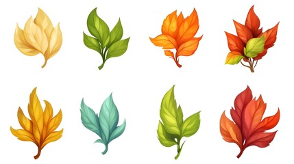 Fototapeta premium Row of Colorful Maple Leaf Icons, Assorted Maple Leaf Graphics, Green Yellow Red Maple Leaves, Collection of Stylized Autumn Leaves, Vibrant Maple Leaf Set, Simple Colorful Leaf Illustrations.