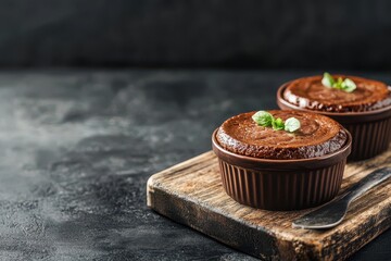 Two chocolate soufflés with basil on a rustic wooden board. Use for blog posts and recipes about baking or dessert ideas.