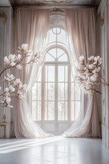 Elegant light filled room featuring blooming magnolia branches gracefully arranged