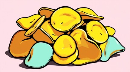 A vibrant pile of yellow and teal, irregularly shaped, crispy snacks
