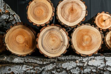 Obraz premium Wooden logs stacked with distinct tree rings visible on their cut surfaces.