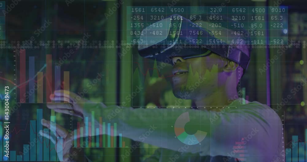 Poster man reaching out hands, manipulating floating finance bar line pie charts in tech data center