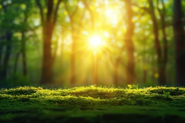 Obraz premium Sunlight filtering through trees onto a grassy forest floor.