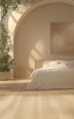 Beige bedroom with arched window, sunlit