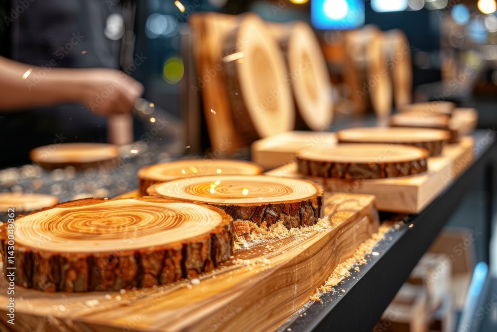 Poster wood slices artfully displayed on a table with blurred background effects.