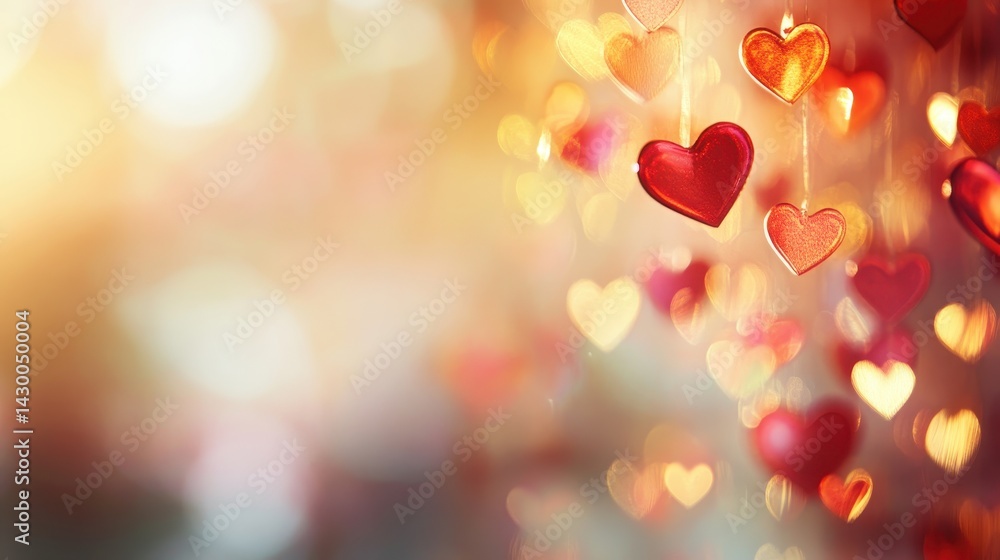 Poster red and gold hearts hanging against a soft bokeh background