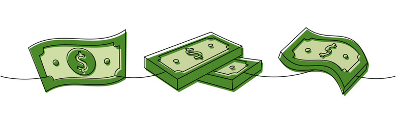 Set of dollar stacks one line colored continuous drawing. Money investment and finance. Vector illustration.
