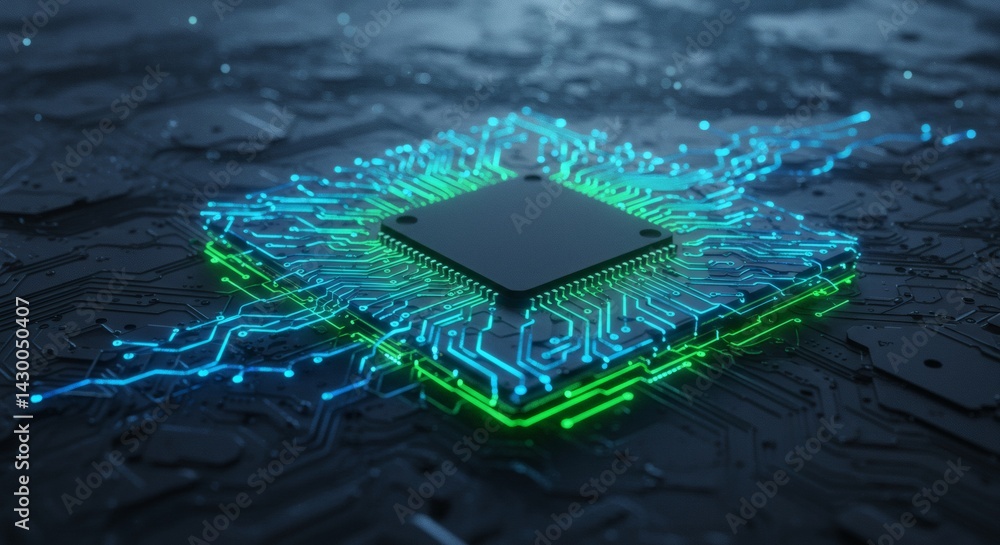 Poster electronic circuit board with glowing chip and data flow