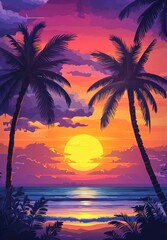 Obraz premium A beautiful sunset over the ocean with palm trees