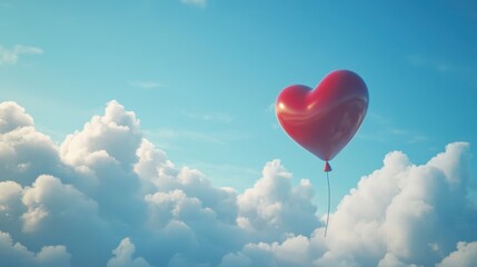 Fototapeta premium Red Heart Shaped Balloon Ascending Above Fluffy White Clouds in a Blue Sky
