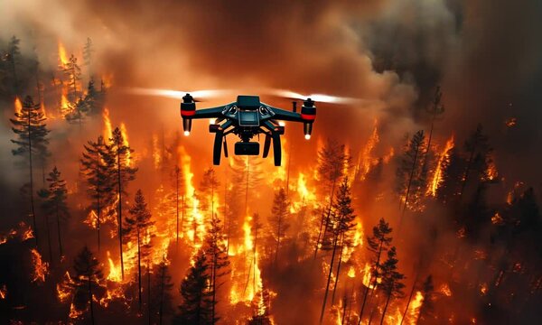 A drone surveying a raging forest fire, capturing the intense flames and smoke amidst trees