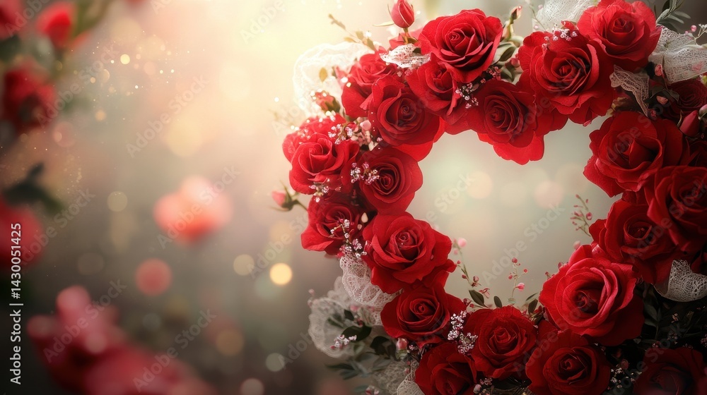 Poster red roses arranged in a heart shape with soft lighting and glittering background