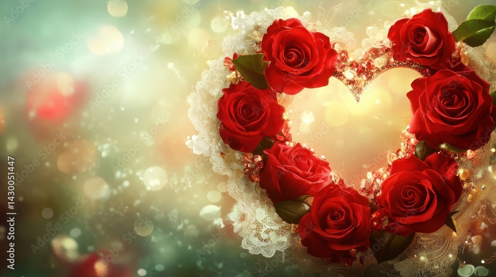 Poster red roses arranged in a heart shape with sparkling background