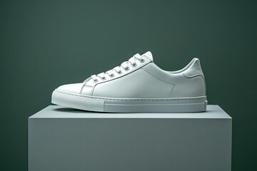A sleek, modern white sneaker displayed on a minimalist pedestal against a muted green backdrop, highlighting its design and craftsmanship, ideal for fashion advertising or e-commerce