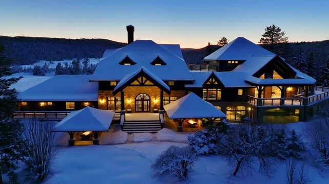 snow covered island house with warm lighting at dusk