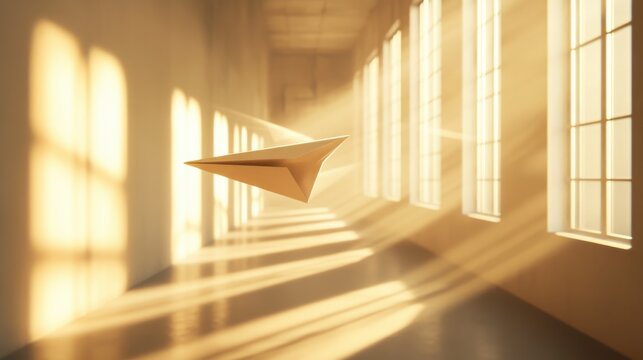 Beige Paper Airplane Soaring in Sunlit Hallway - Powered by Adobe