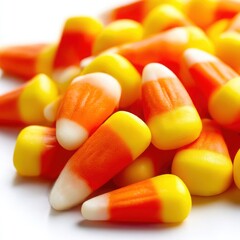 Pile of candy corn pieces displayed on white background