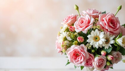 Festive bouquet of flowers on a light background with space for text.