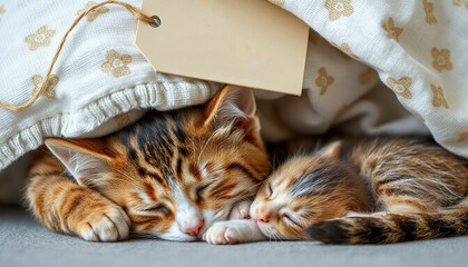 Cat and kitten sleep together. Concept of maternal care.