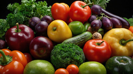Fresh fruits and vegetables. Assorted fruits and vegetables colorful, clean dishes