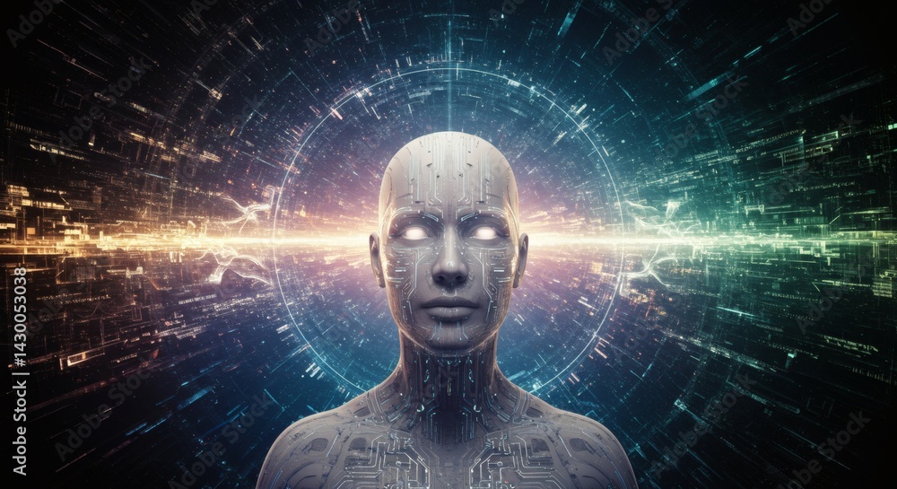 Poster humanoid figure with circuitry design against abstract background