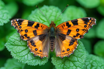 Naklejka premium Close-Up of Orange and Black Butterfly Resting on Green Leaves in a Garden — Wings Spread in Natural Outdoor Setting