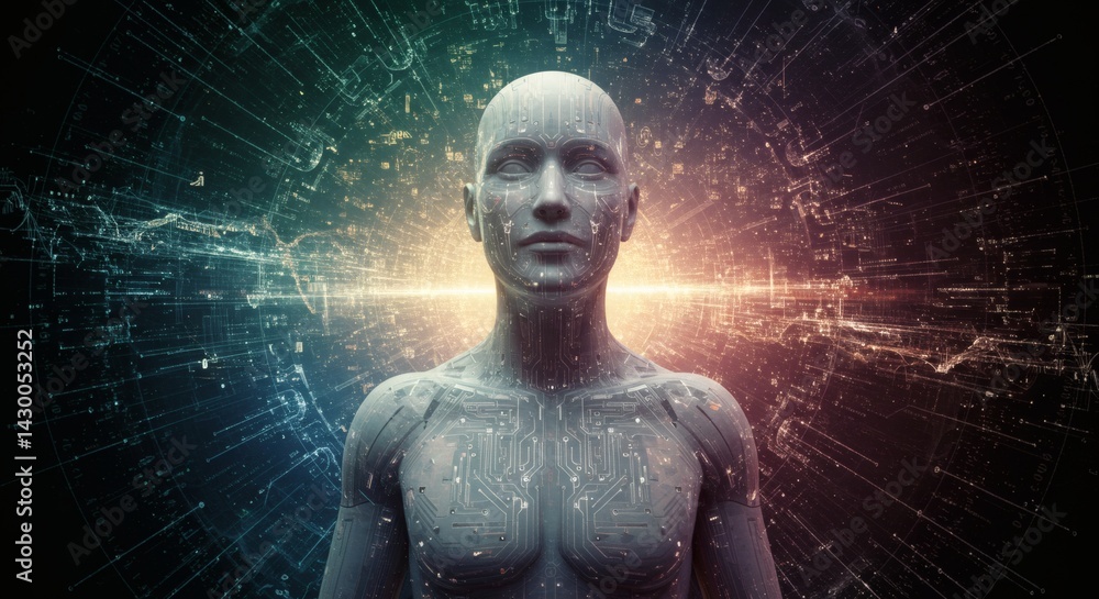 Poster humanoid figure with circuitry design and light rays