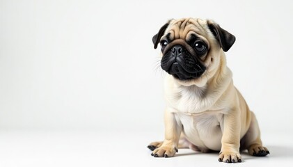Obraz premium A single, charming pug against a stark white backdrop, pet, portrait