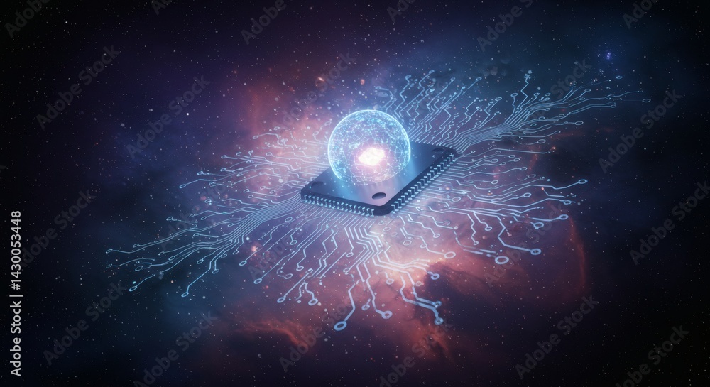 Poster microchip processing with glowing sphere on circuit board