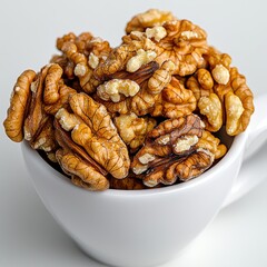 Obraz premium Close Up of Shelled Walnuts in a White Cup