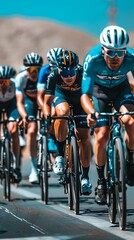 Cyclists racing, sunny day, desert background, for sports magazine use