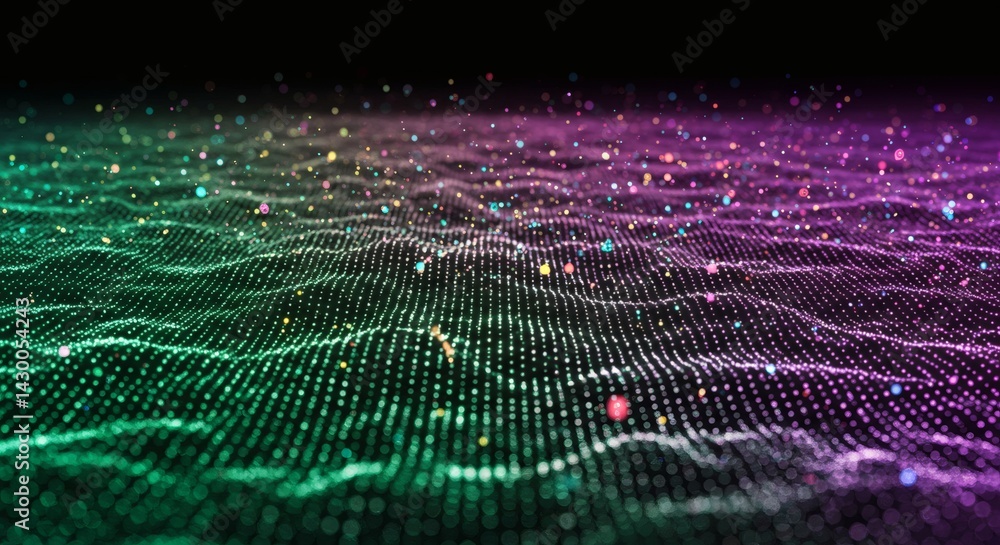 Poster abstract particle wave with colorful lights on dark background