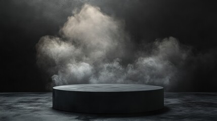 Black podium, dark smoke, with an asymmetrical composition, dynamic