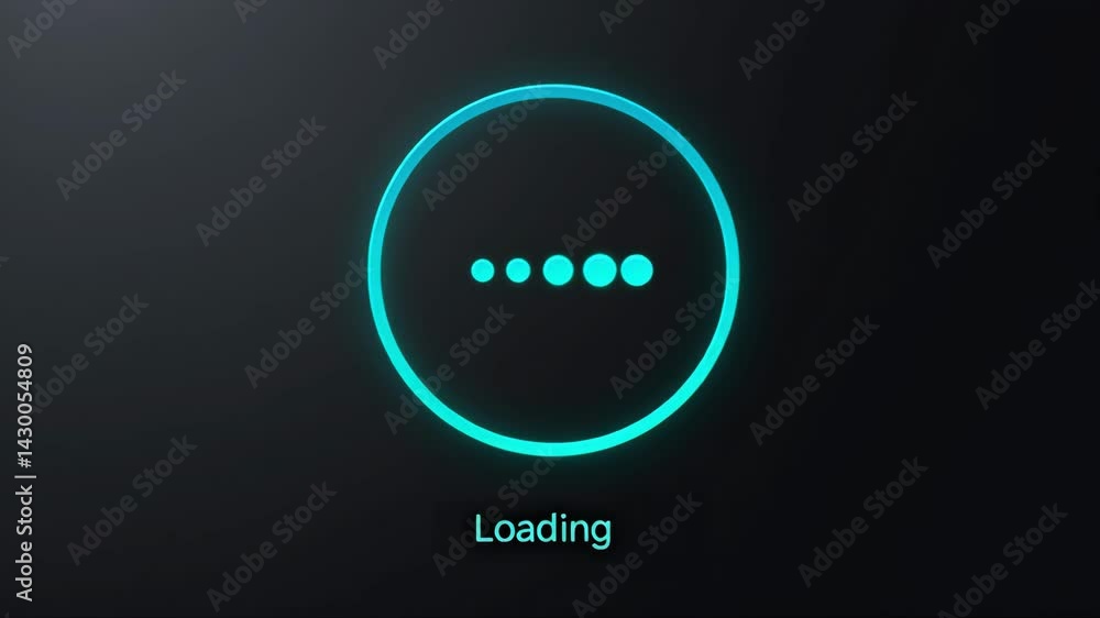Poster a minimalist loading screen featuring a circular blue indicator with four dots, set against a dark b