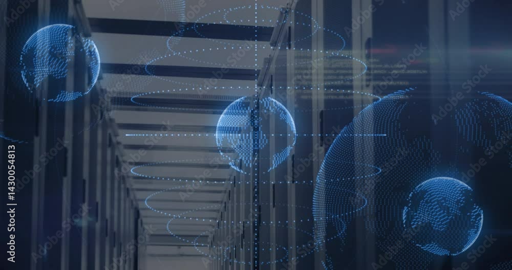 Poster blue dotted globe rotating above server racks in data center, showing network flow in 3d render