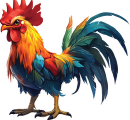 Colorful Cartoon Rooster with Vibrant Feathers, Majestic Roaring Chicken Poultry Rooster Animal Wide Angle, Isolated Rooster Head 

