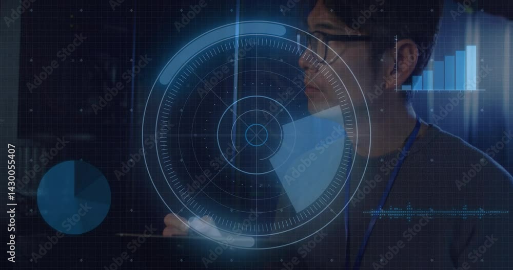 Poster man wearing glasses interacting with holographic radar hud pie chart bar graph waveform in tech lab