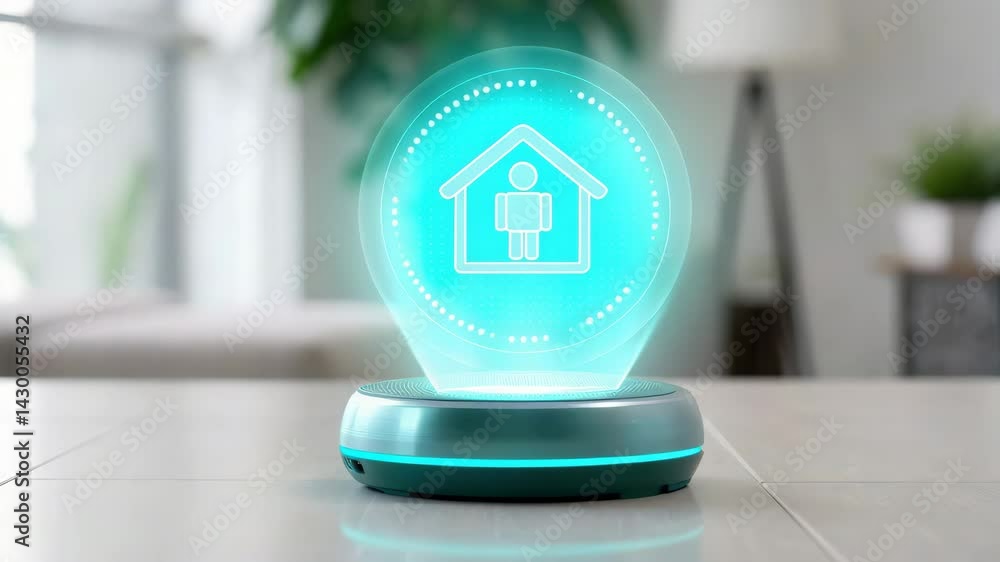 Poster a futuristic home assistant device with a glowing interface, symbolizing smart home technology and c