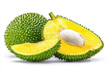 Fototapeta premium Closeup of Ripe Jackfruit Vibrant Yellow Flesh and Spiky Green Exterior
