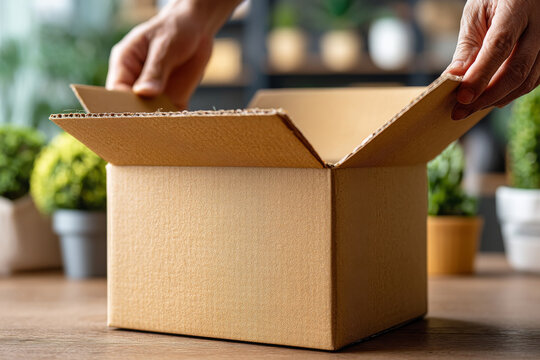 Close-up of hands opening cardboard box on wooden table indoors. Person opening parcel at home. Concept of shipping, delivery or unpacking