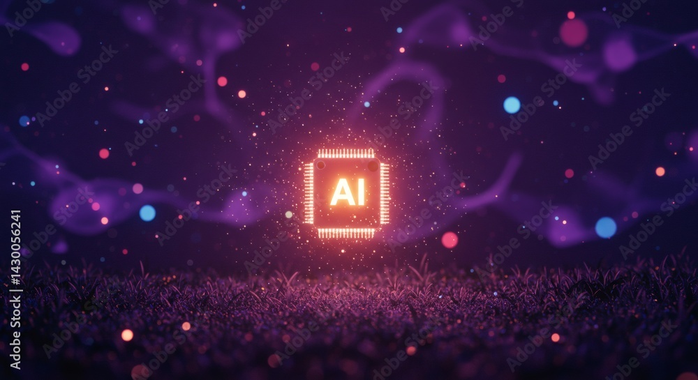 Poster illuminated microchip glowing on field of grass with bokeh lights
